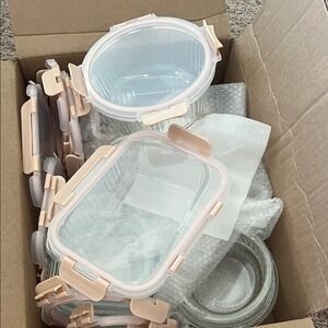 Glass Food Storage Containers with Light Pink Lids (Set of 24)